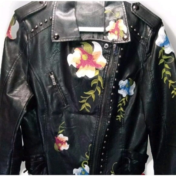 VINTAGE Women's Leather Motorcycle Jacket Med Black Floral Embroidered Zip-Up - Picture 1 of 10